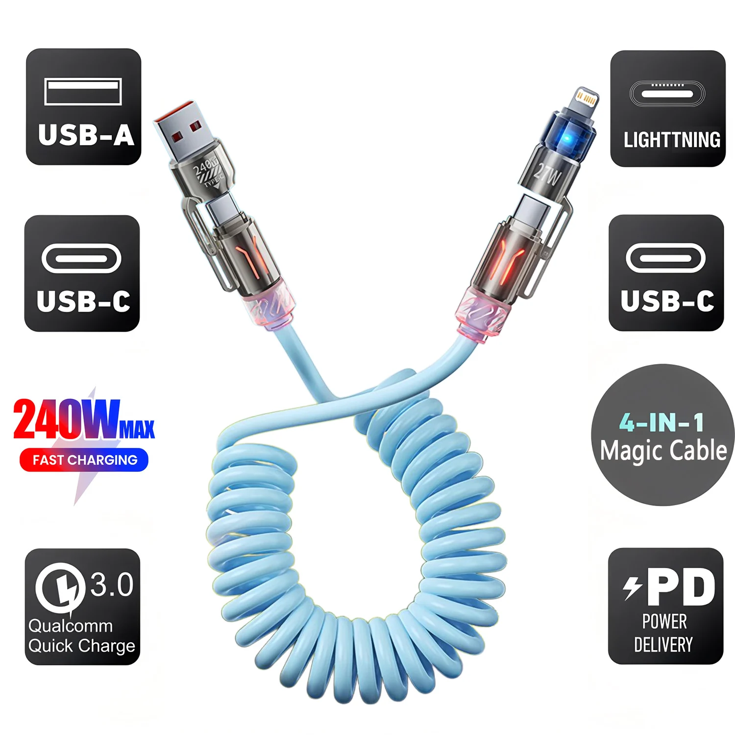 4 in 1 240 W Feder kurzes Datenkabel 6 A USB Typ C Feder Teleskop Schnellladegerät Drahtfeder USB-Kabel für iPhone 15 14 13 12