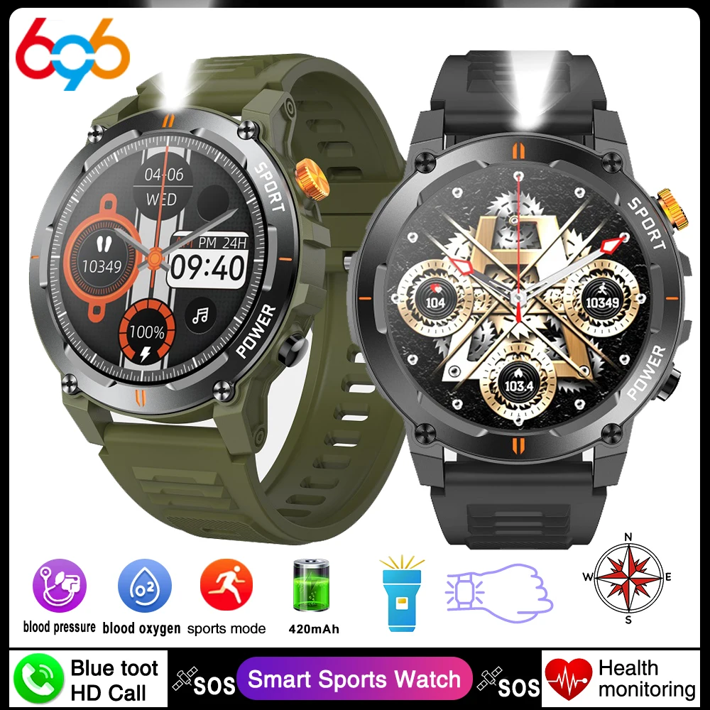 Outdoors Smart Watches Flashlight Compass Waterproof Smartwatch Men Heart Rate Health Monitoring 420mAh Multiple Sports Modes