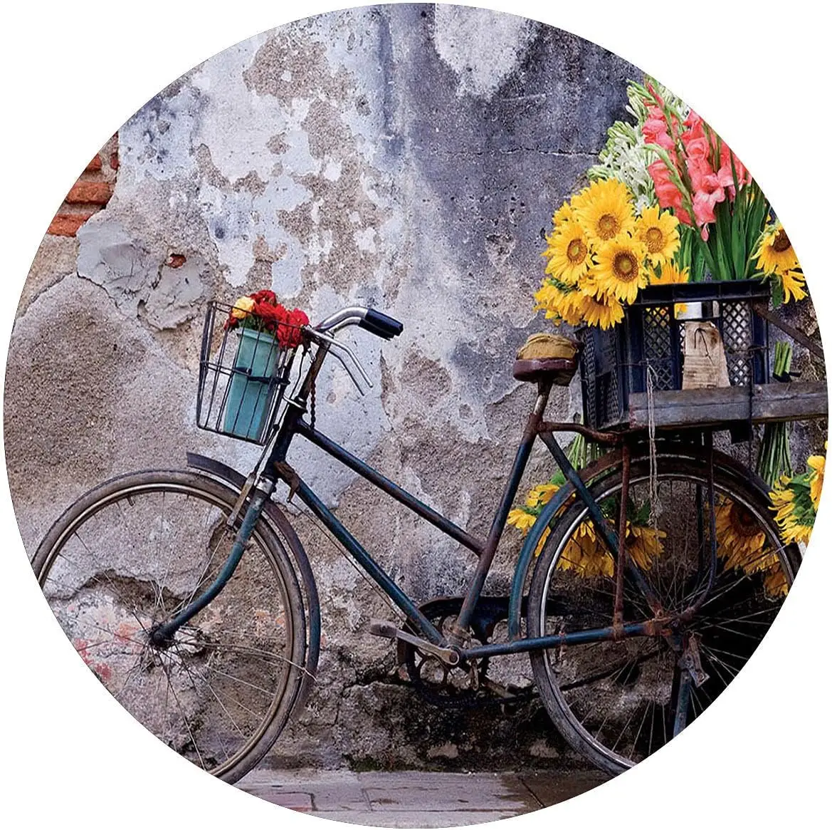 

Wreath Round Metal Tin Sign,Bicycle and FlowerBike with Flower,Retro Metal Round Tin Signs Decor Wall Art Posters Gifts for Door