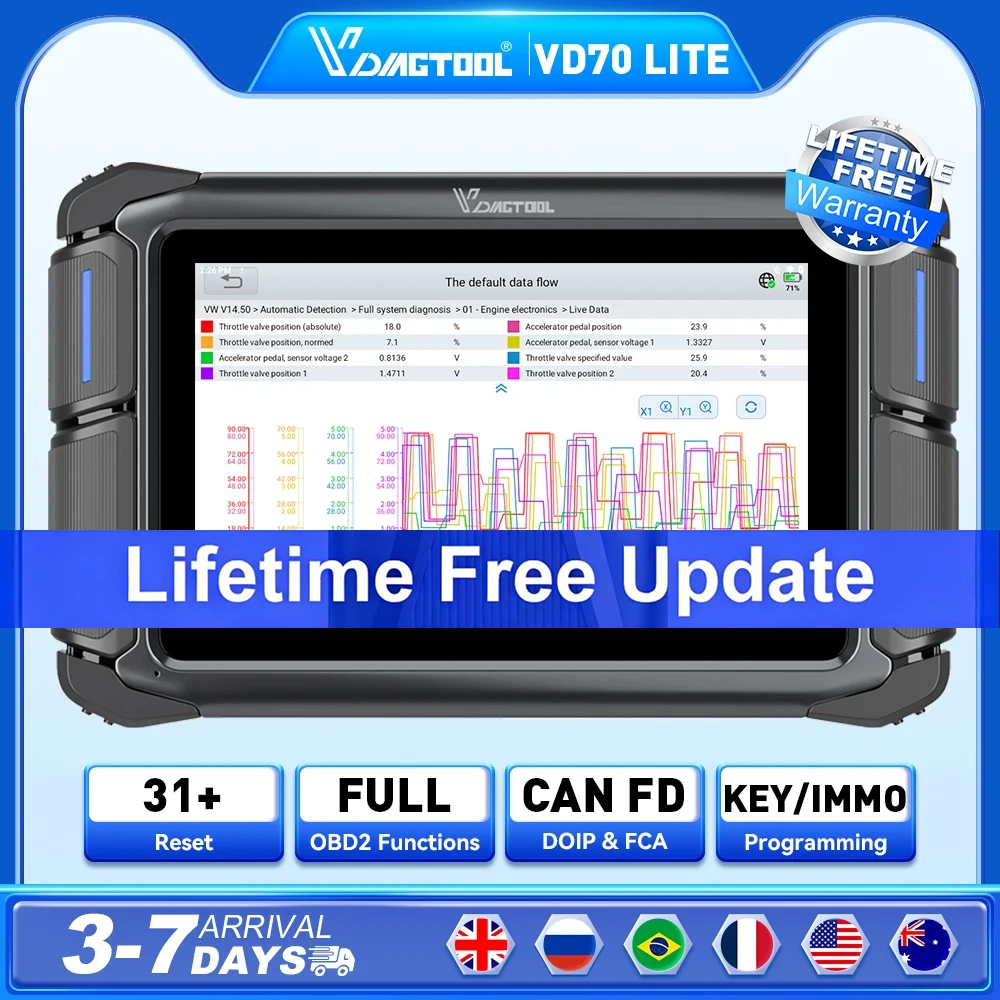 VDIAGTOOL VD70 Lite Scanner Automotivo OBD2 com Atualização Gratuita Vitalícia, Ferramenta de Diagnóstico de Carro com 31+ Funções de Redefinição, Bidirecional FCA
