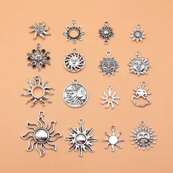 16pcs Antique Silver Color Sun Charms Collection For DIY Jewelry Making, 16 Styles, 1 of Each