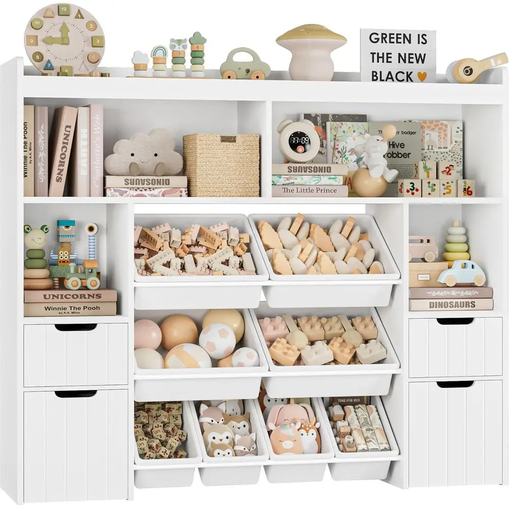 55 منظم تخزين ألعاب أبيض مع أدراج، صندوق ألعاب للأطفال مع صناديق قابلة للإزالة، رف كتب طويل للأولاد والبنات، غرفة لعب حديثة #1