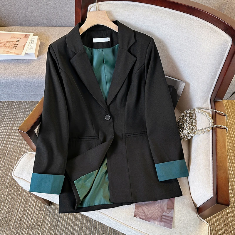 

Contrast-color Women's Suit Jacket 2024 Spring and Autumn New Korean Style Loose Casual Mid-length Black Elegant Suit Blazer Top