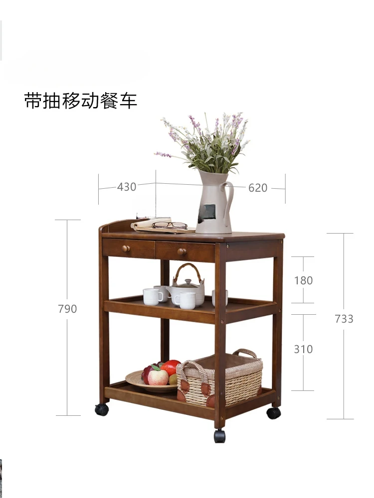 Solid Wood Mobile Catering Cart Household Trolley Food Delivery Van Kitchen Shelf Tea Weagon