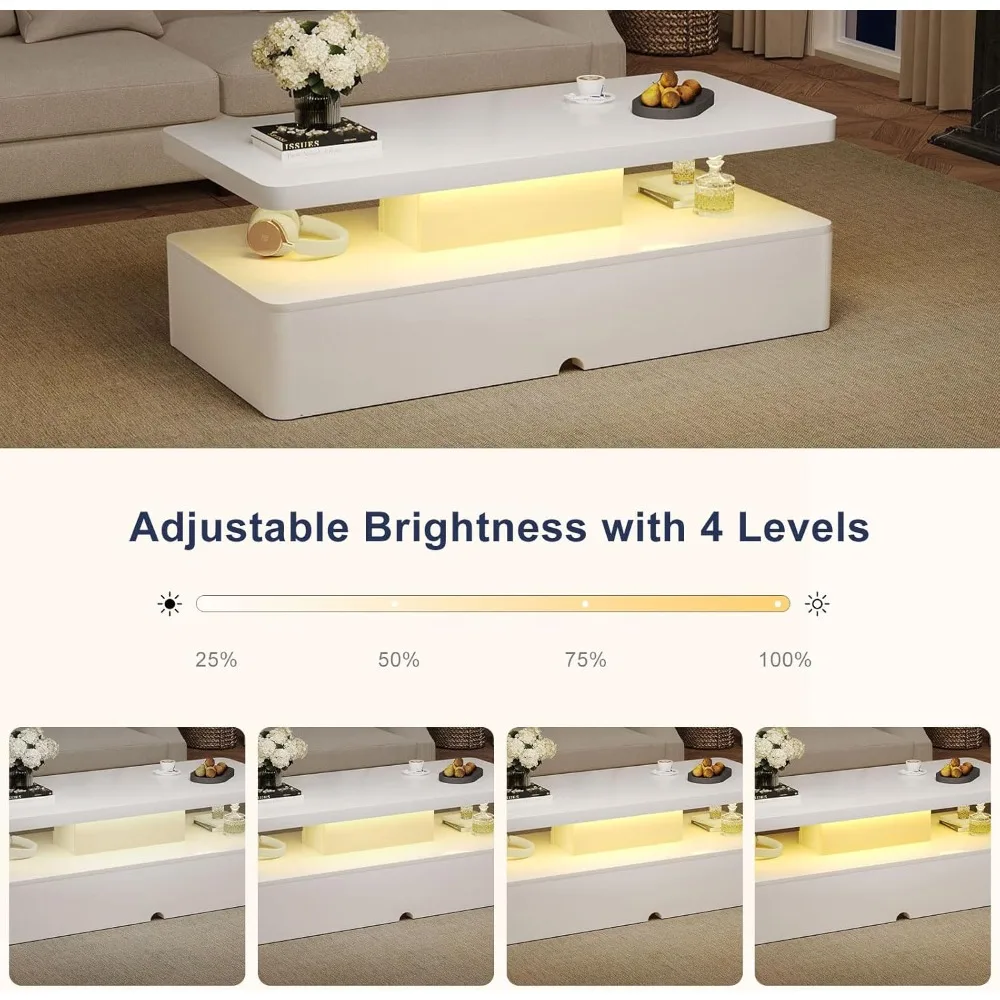 Rectangular LED-lit Coffee Table with Storage, 40 Large, 2 Tier, 16 Color Options, Modern Design