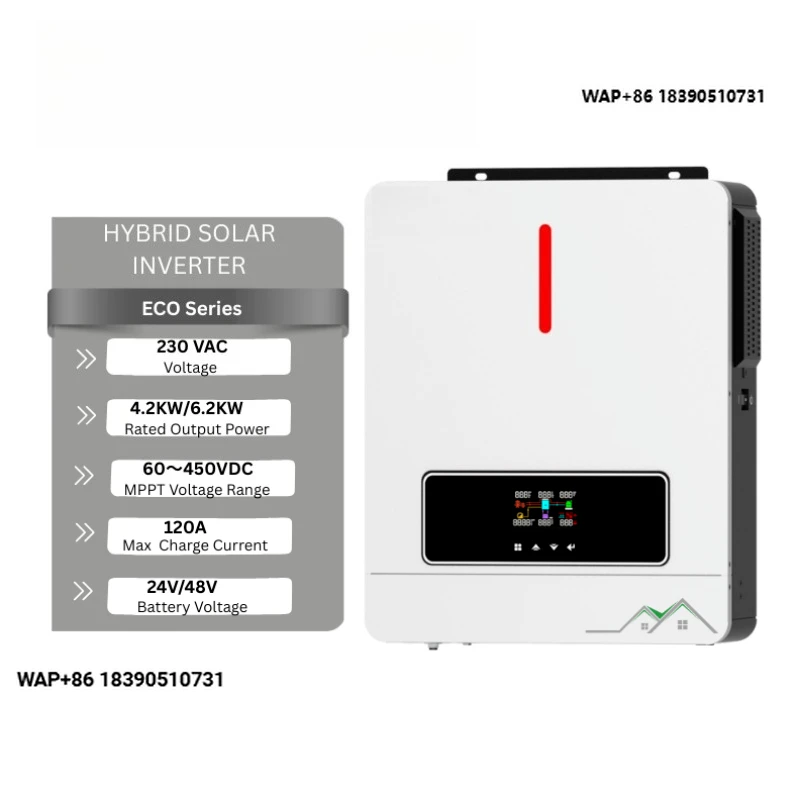 

Hybrid Solar Inverter 4.2/6 2kW, 220Vac Pure Sine, 60-490V, Battery - Optional, Dual Load Output, WiFi/RS485