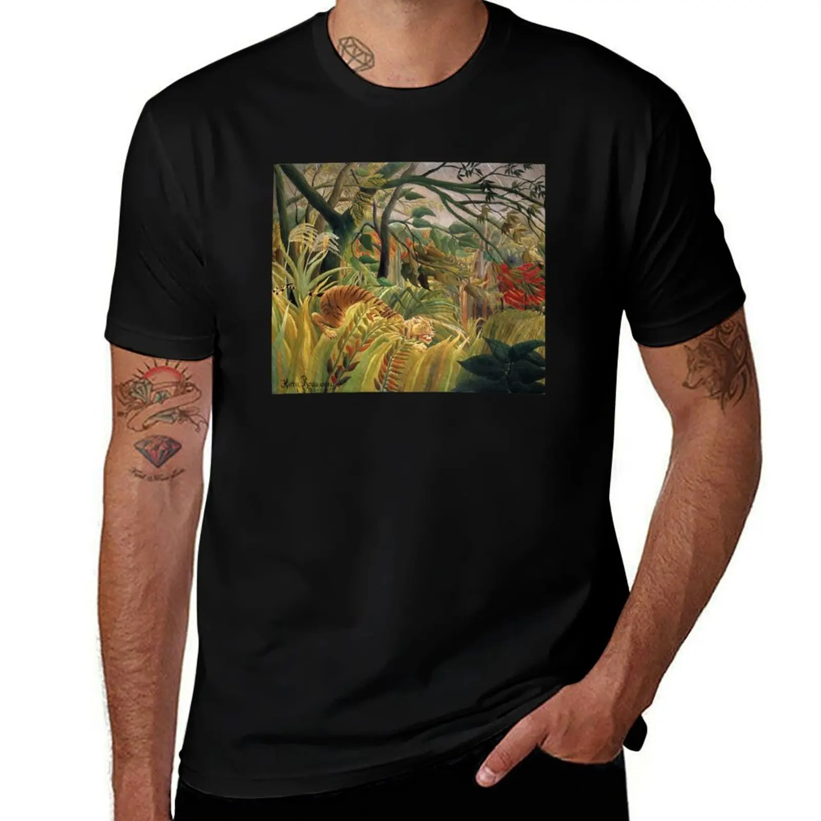 Henri Rousseau's famous painting of the Tiger in a Tropical Storm 1891 T-Shirt Louboutins sports fans oversized t shirt men