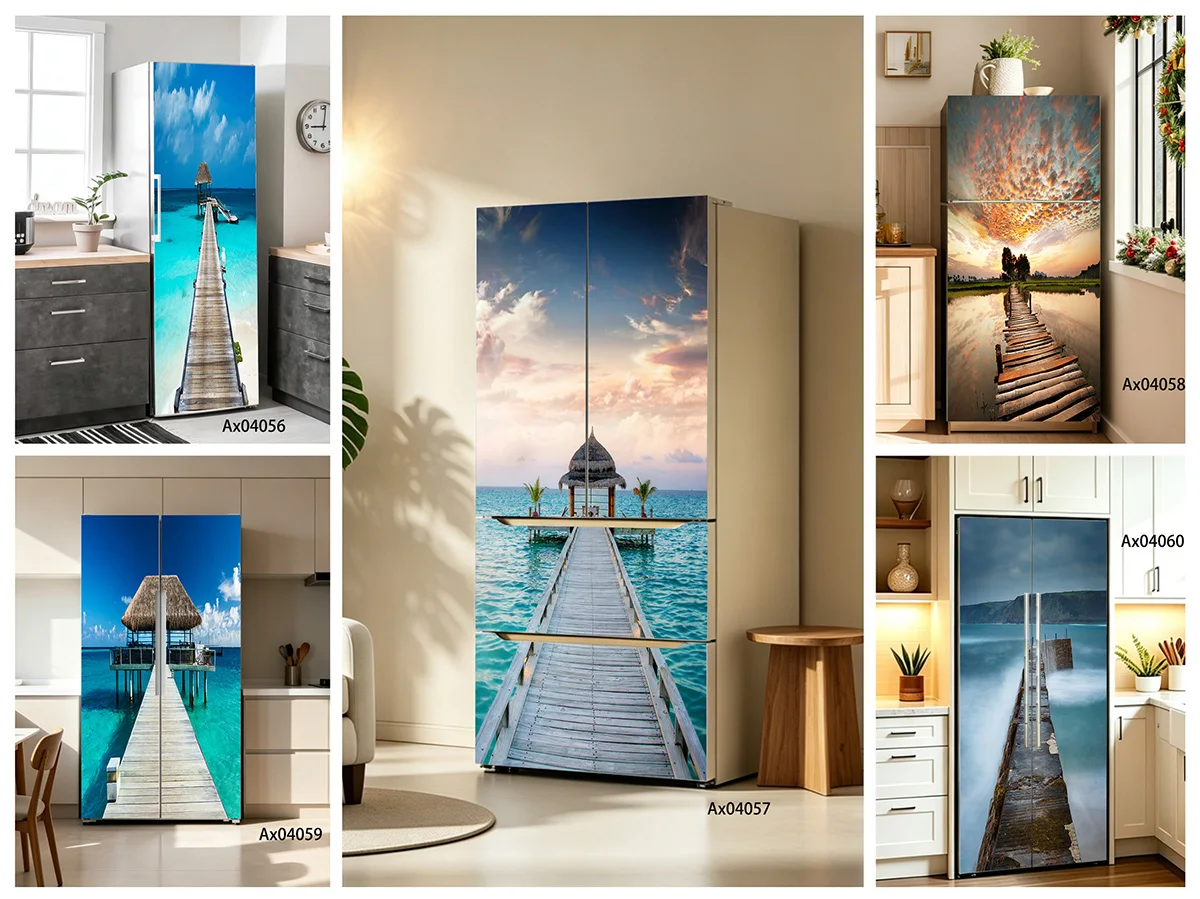 Bright Clear Blue Sky Overwater Bungalow Wooden Pier Fridge Sticker Self-Adhesive Waterproof Vinyl