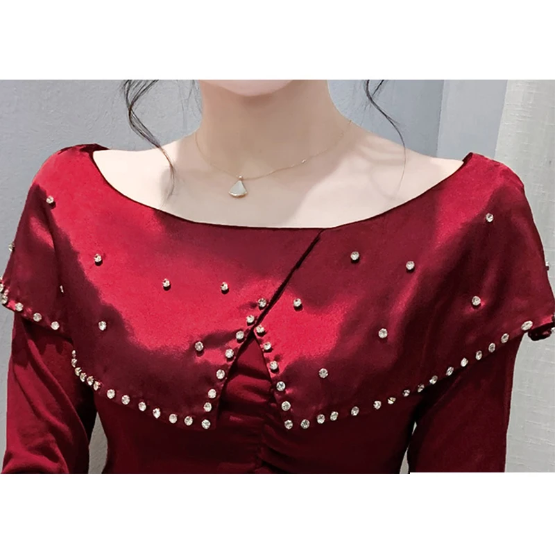 2025,New European Clothes Fall Winter T-Shirt Chic Sexy Off Collar Shiny Beading Patchwork Women's Tops Long Sleeve Tees 49010