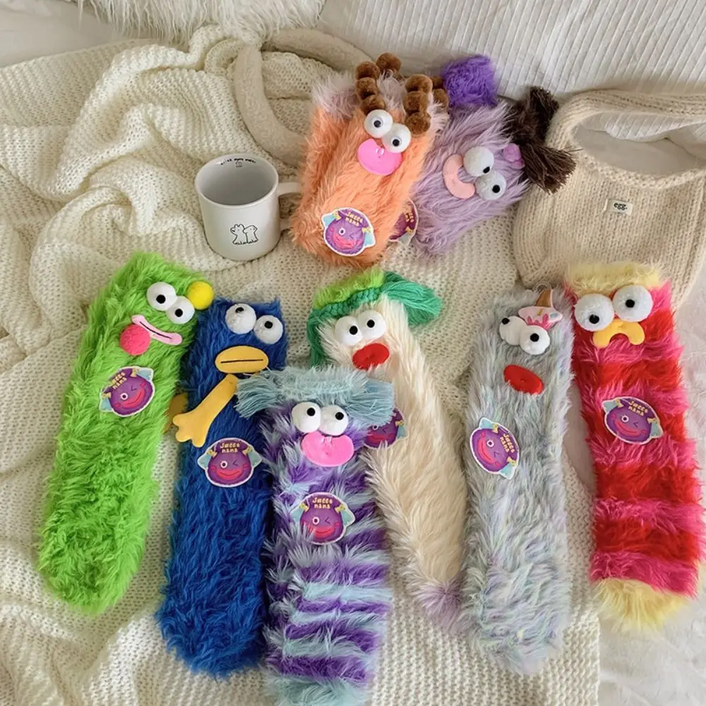 1 Pair Funny Plush Funny Tube Socks Big Eyes Cartoon Floor Stockings Women Fuzzy Mid-Calf Coral Fleece Socks Winter