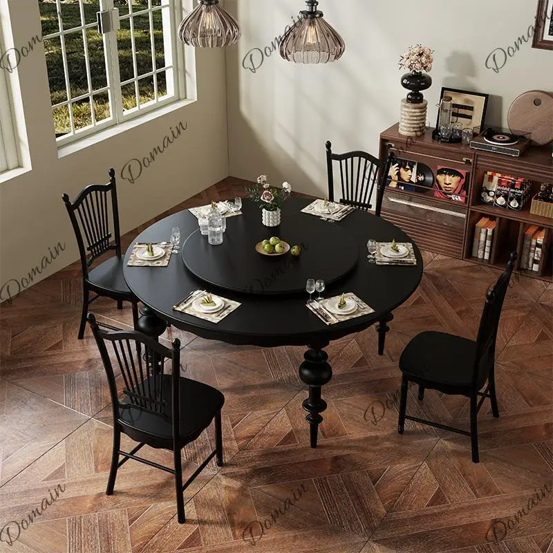 Mid-Century Modern Solid Wood Round Dining Table with Lazy Susan, Retro Double-Layer Small Space Kitchen Table