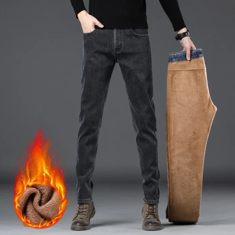 Men's Thermal Jeans Winter Snow Warm Plush Slim Cool Jeans Thicken Fleece Denim Stretch Long Pants Dad Casual Fashion Trousers