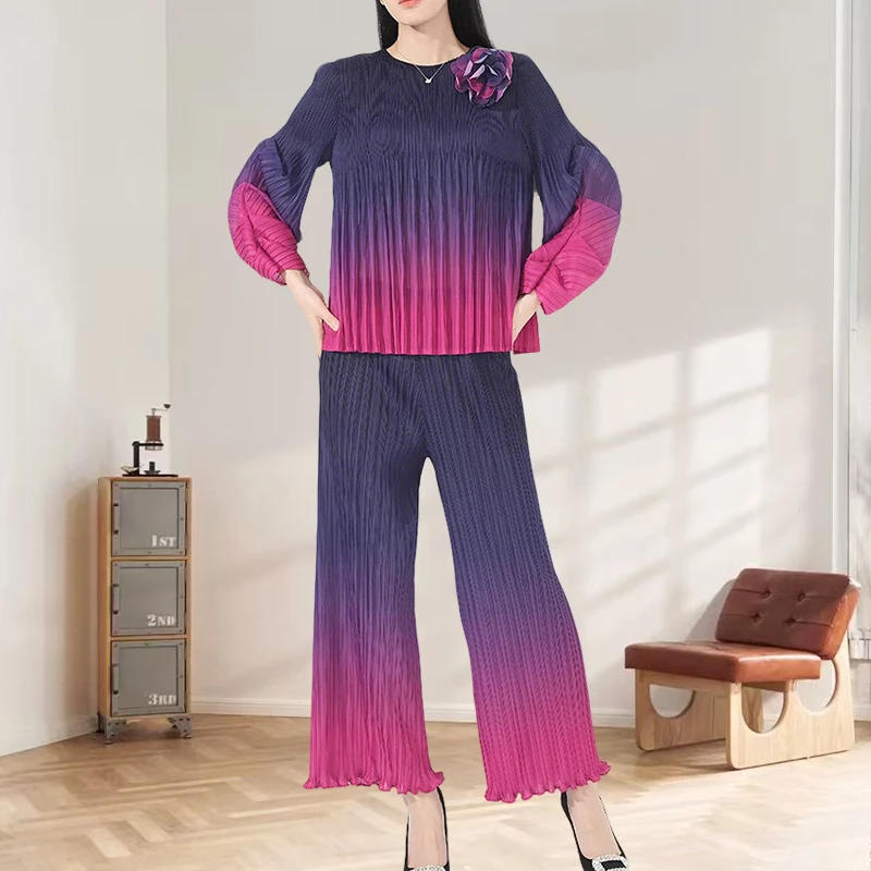 

Miyake Pleated Pants Set Plisse Gradient Colour Fold Set Women Design Floral Pleat Top Wide Leg Trousers Pleats 2-piece Set