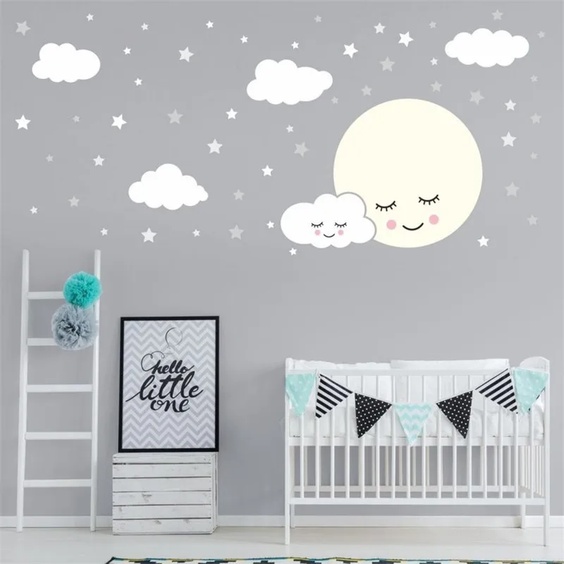 Cartoon Wall Stickers for Kids Room Smiley Cloud Stars Vinyl Decal DIY Baby Bedroom Nursery Mural Good Night Rome Decor