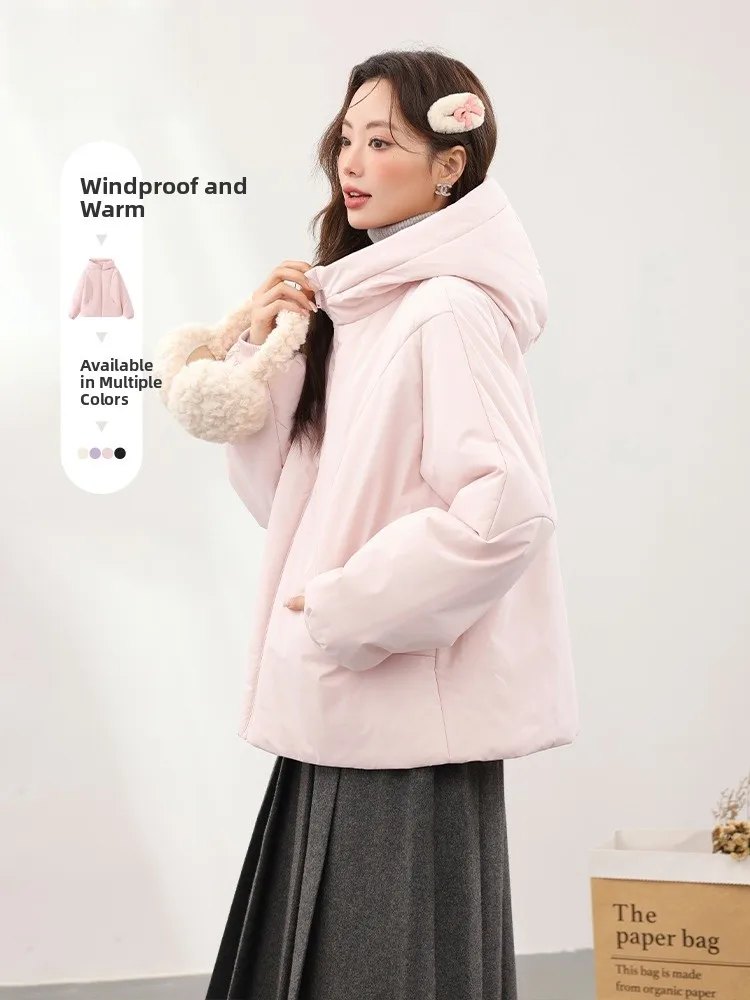 Jaket Wanita Musim Dingin Tebal Hangat Warna Pink Berkerudung, Pakaian Luar Trendy Berbahan Katun, Model Lurus Sederhana