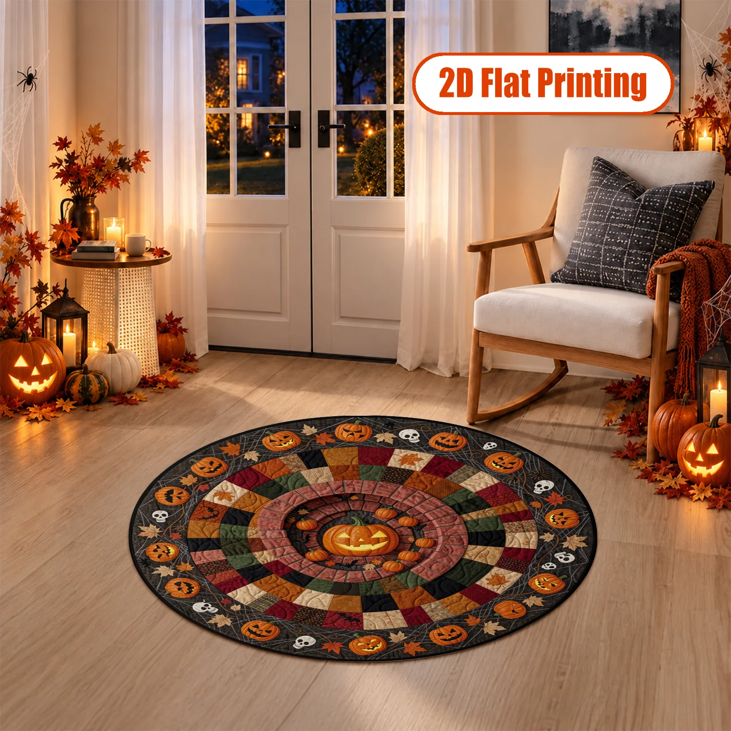 Quilted Jack O Lantern Skull Autumn Maple Round Velvet Mat Machine Washable Dining Table Centerpiece Living Room Accent Entryway Decor Halloween Thanksgiving Christmas New Year Black Friday