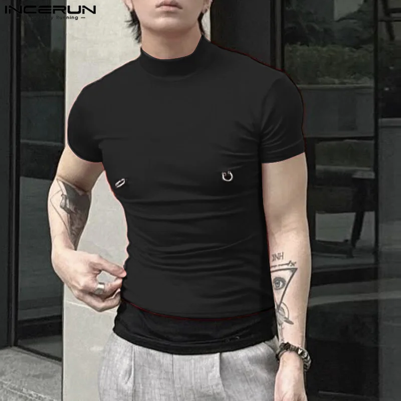 INCERUN Tops 2024 Sexy Men's Half High Neck Mesh Loop Buckle Design T-shirts Casual Male Solid Short Sleeve Tight Camiseta S-5XL