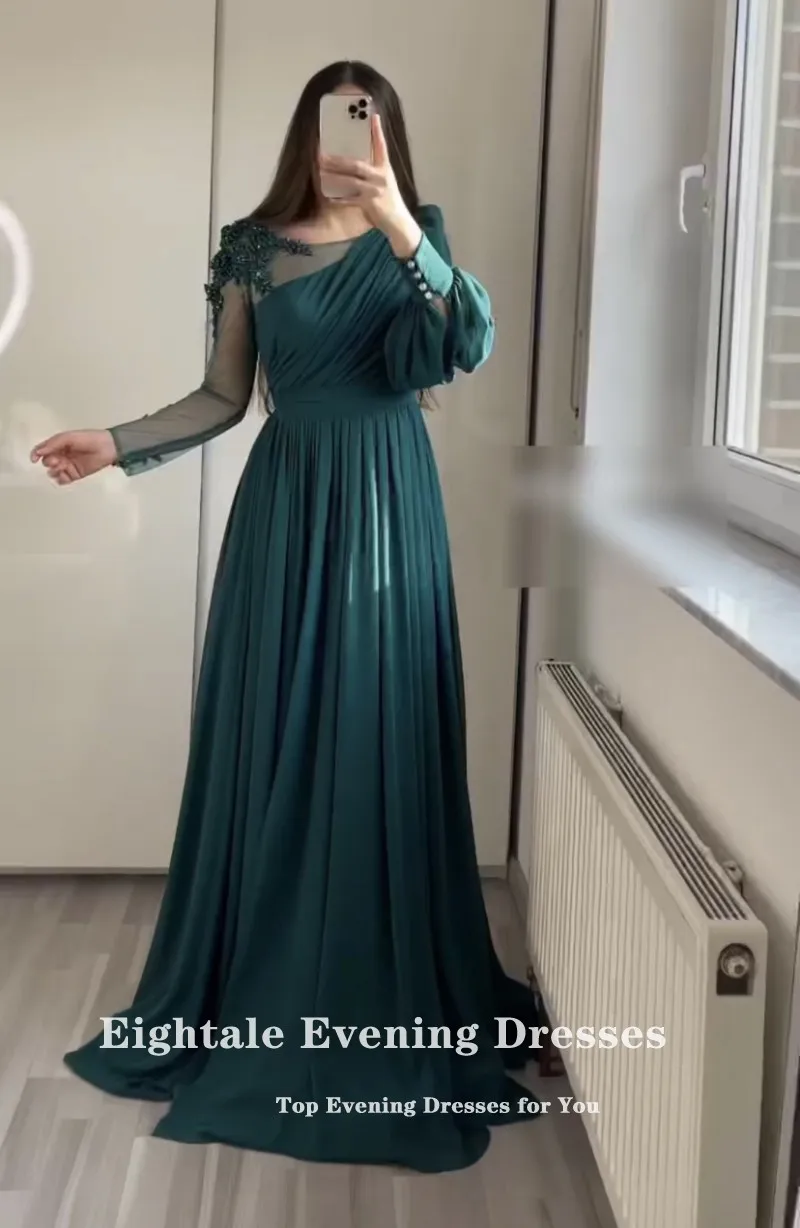 Eightale Vintage Evening Dress for Wedding Party Chiffon Beaded Long Sleeve Green Appliques Customized Prom Gowns Dress