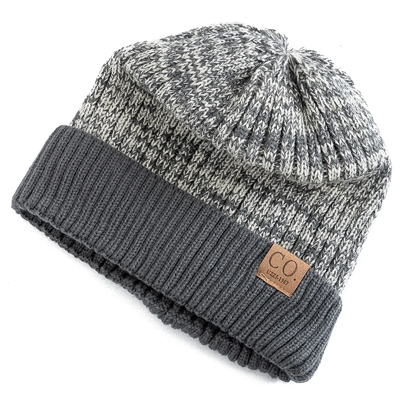 Neue Unisex Zweifarbige Wintermützen mit Fellfutter Modische Warme Beanie-Mütze für Männer und Frauen Lässige Winter-Strickmützen – Detail 2