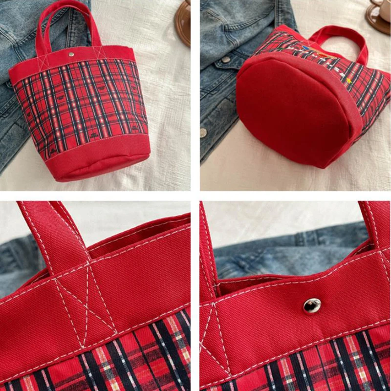 Women Leisure Simplicity Canvas Bags Cartoon Bear Large Capacity Shopper Lightweight Commuter Tote Bag Travel Red Plaid Handbag