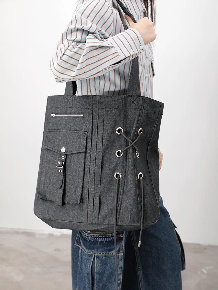 Vertical Square Denim Shoulder Women's Bag With Metal Rivets Large Capacity Fashionable And Versatile Famous Designer Handbag