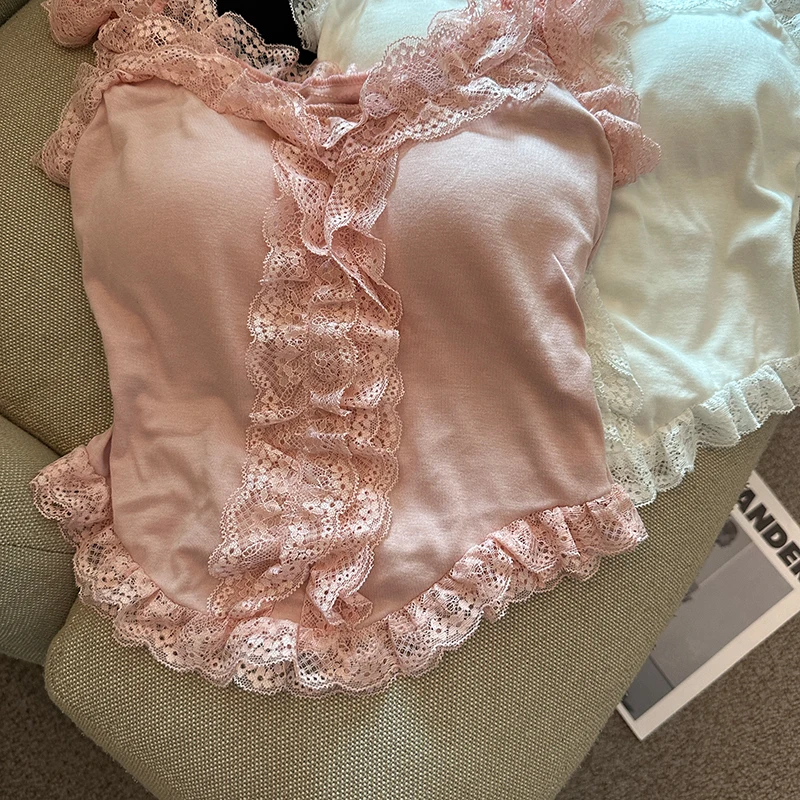 Black Spicy Girl Knitted Strap Vest Women's Summer Pure Desire Sexy Lace Splice Tight Inner Wear Top Outerwear