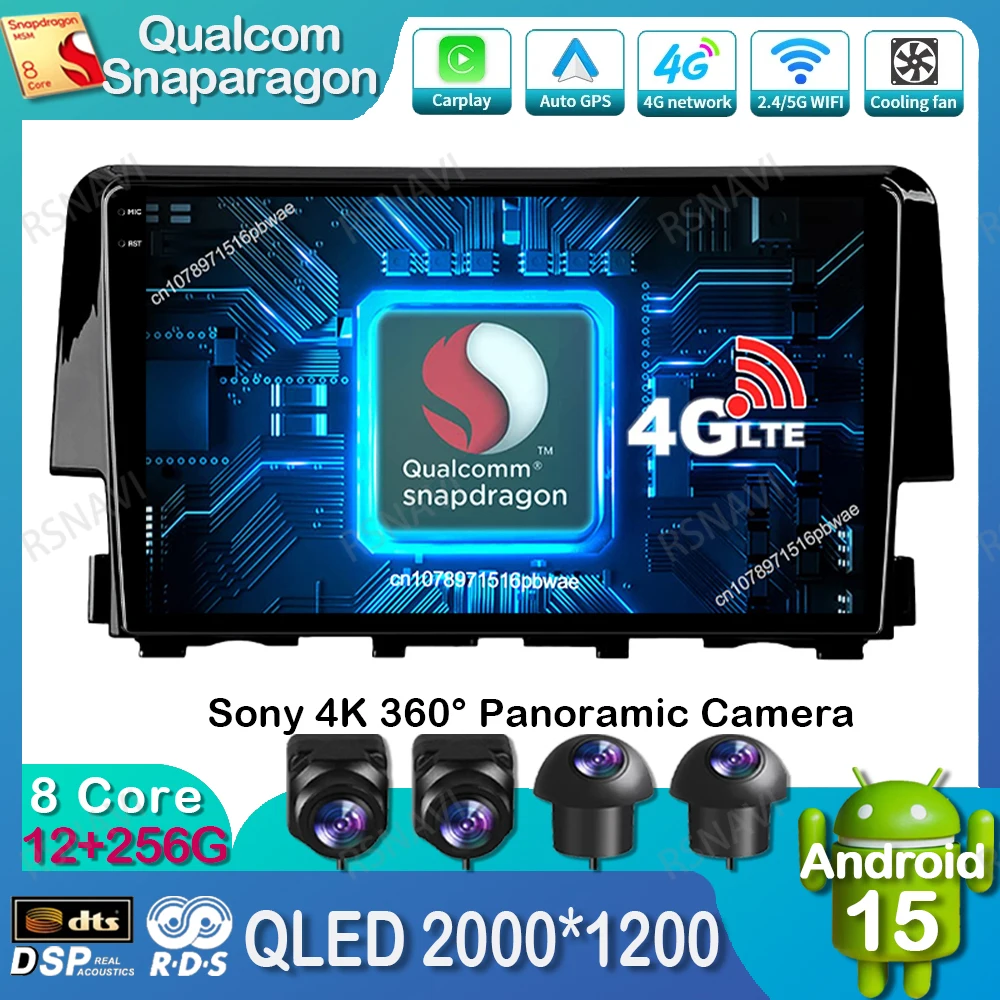 

Android 15 Car Radio For Honda Civic 2016 2017 2018 2019 2020 DVD Viedo Player Stereo DSP QLED 4G LTE BT Head Unit GPS 5G WIFI