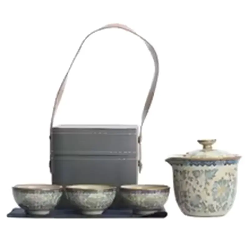 ABKL-Compact Case Included Blue& White Ru Porcelain Travel Tea Set-1 Teapot 3 Cups, Portable Kung Fu Ceremony Kit With Lotus Pat