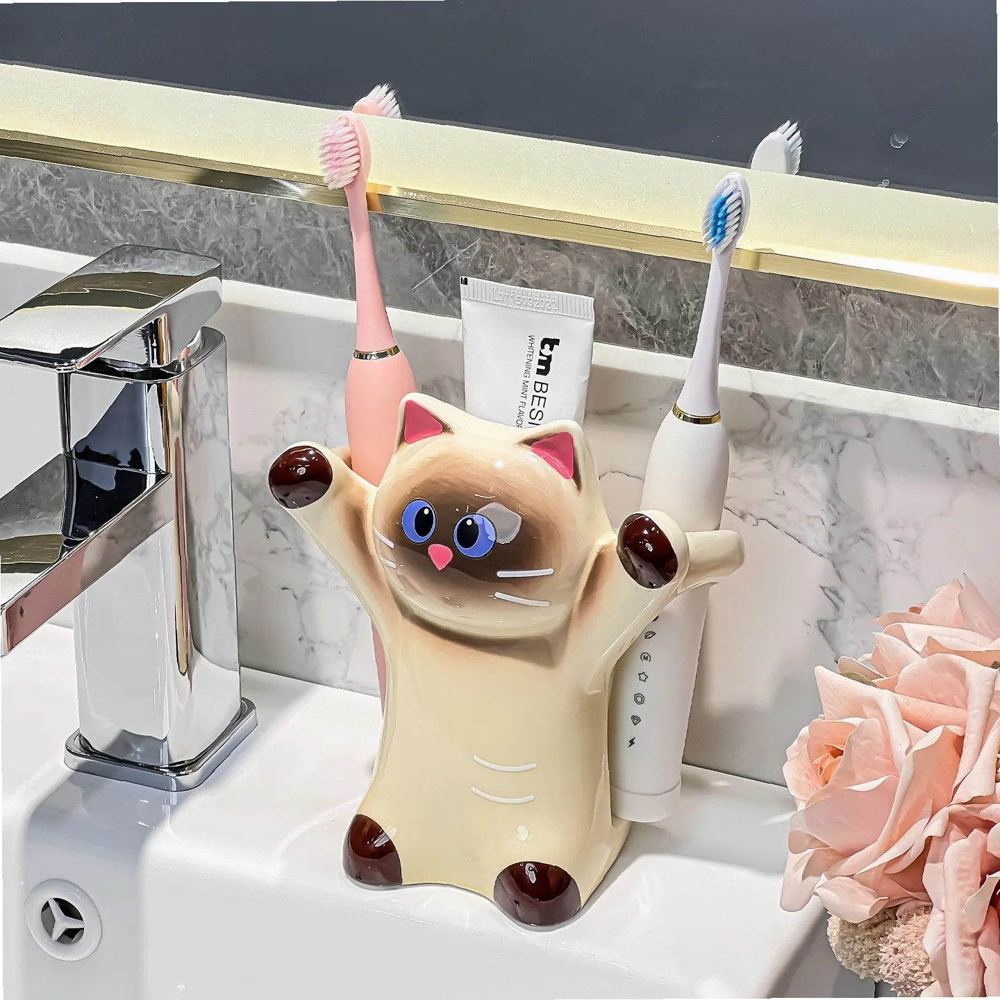 Cute Siamese Cat Ceramic Toothbrush Holder Bathroom Organizer Toothpaste Stand Storage Rack