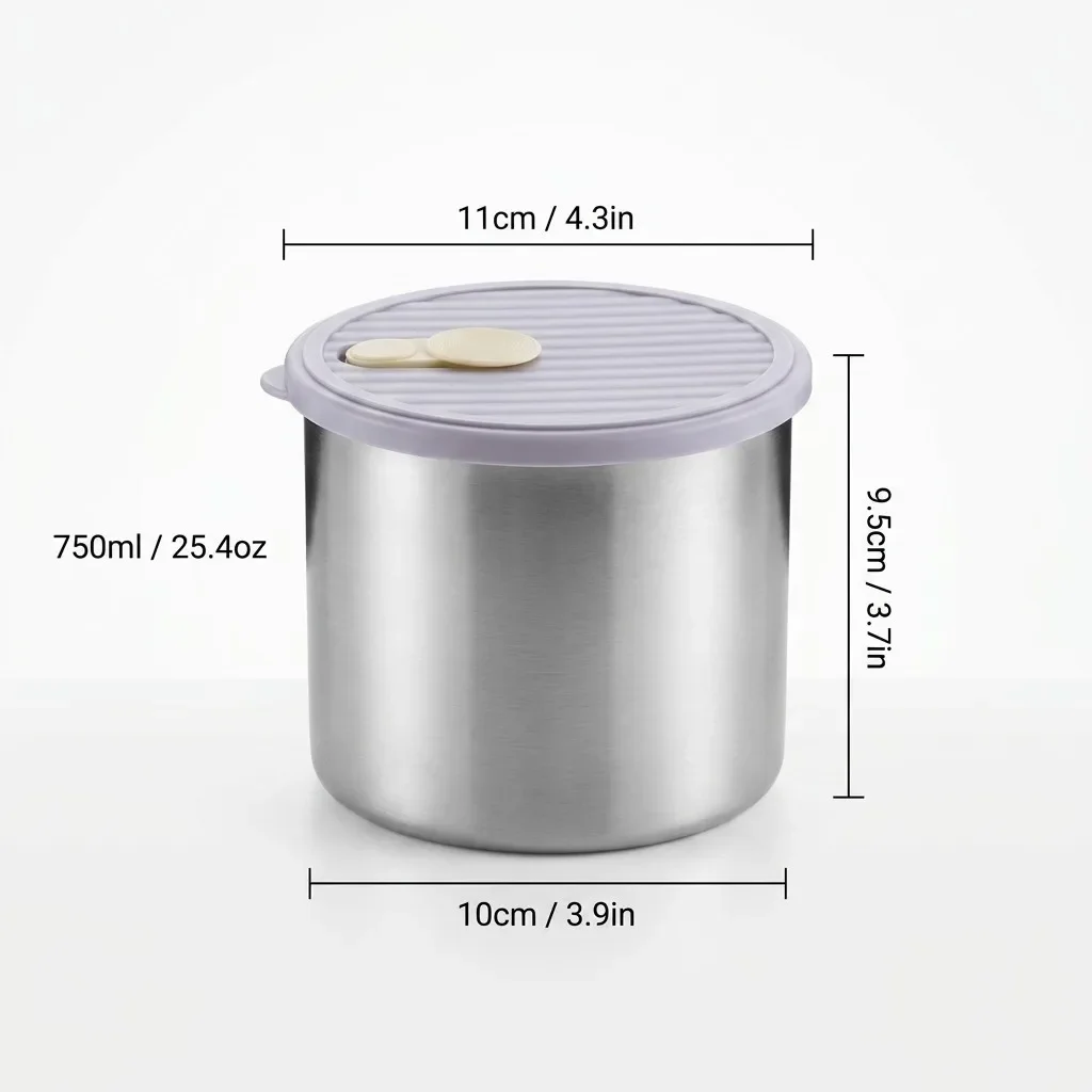 Voedselbewaarcontainer, ronde, luchtdichte pot van 304 roestvrij staal met deksel, grote capaciteit, geschikt voor gebruik in de koelkast en de magnetron.