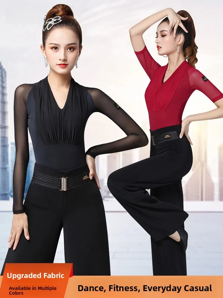 black-mesh-dance-costume-neck-hanging-square-dance-wardrobe-brand-waltz-dance-top-for-women-long-sleeve-color