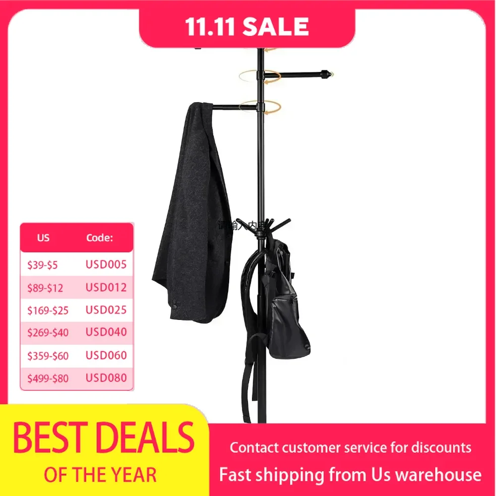 

Metal coat rack freestanding, sturdy hat tree adjustable height with movable wheels, suitable for jackets, scarves, school bags