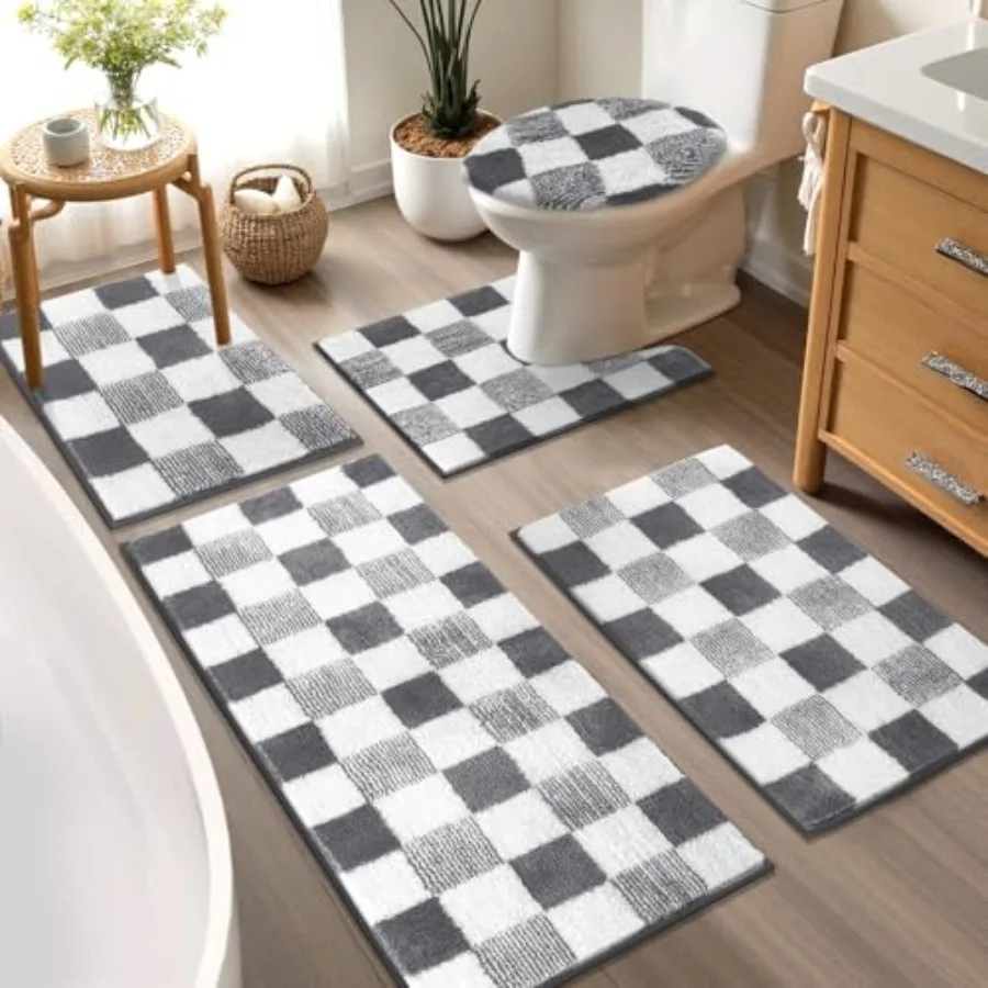 

Checkered Bathroom Rug Sets 5 Pcs, Non-Slip Ultra Absorbent Microfiber Bath Mats, Machine Washable Plush Shag Ultra Soft Bath R