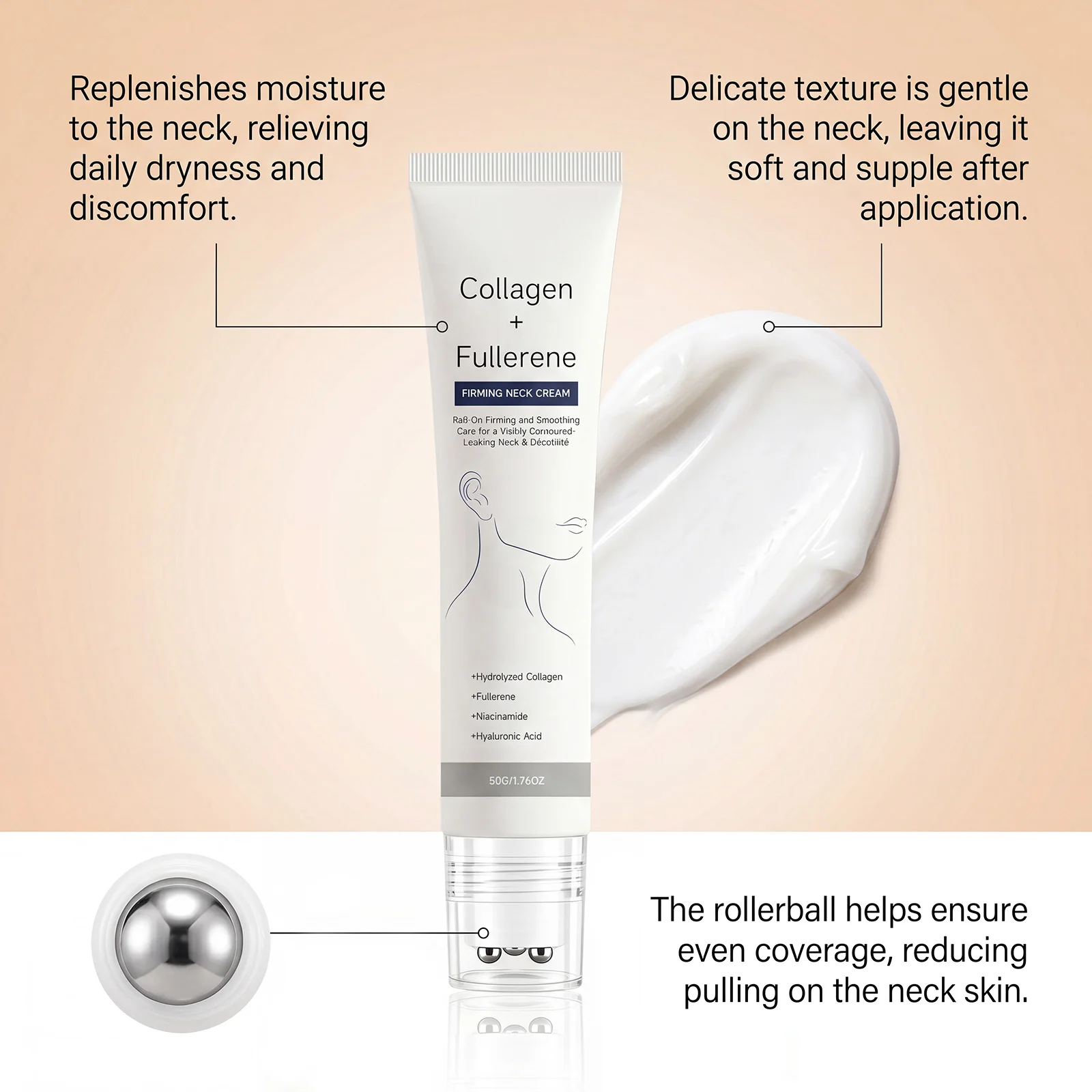 Collagen Fullerene Neck Cream |Reduces Wrinkles Eliminate Double Chin Tighten Skin Lift Firming Neck Cream With Massager Roller