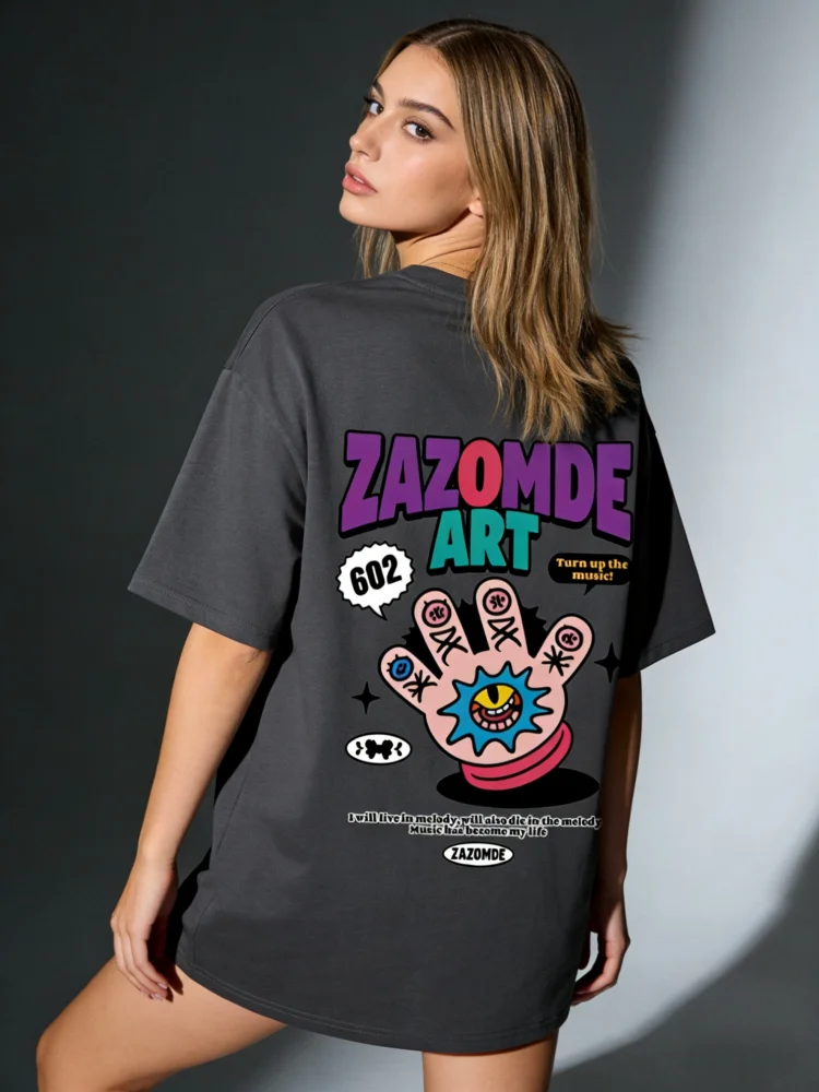 ZAZOMDE Streetwear Cotton Tee Vibrant Color Palm Print And Graffiti Lettering Fit Short Sleeve Top High Street Fashion Unisex