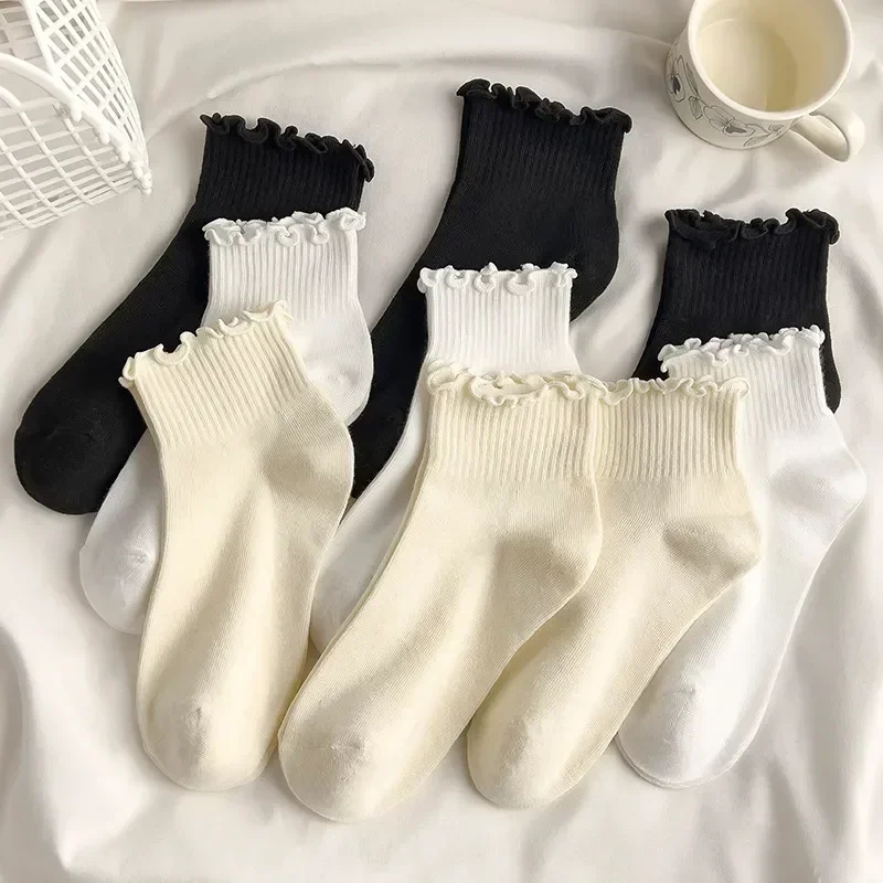 Ruffle Socks Women White Black Frilly Lolita Style Japanese Maiden Cute Kawaii Cotton Harajuku Princess Crew Socks