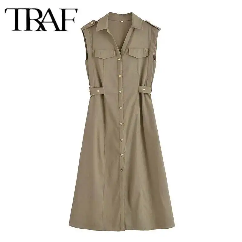 Women's Single Breasted Sleeveless Long Dresses For Women 2025 New Fashion Ruched Midi Dress Streetwear Casual Dresss
