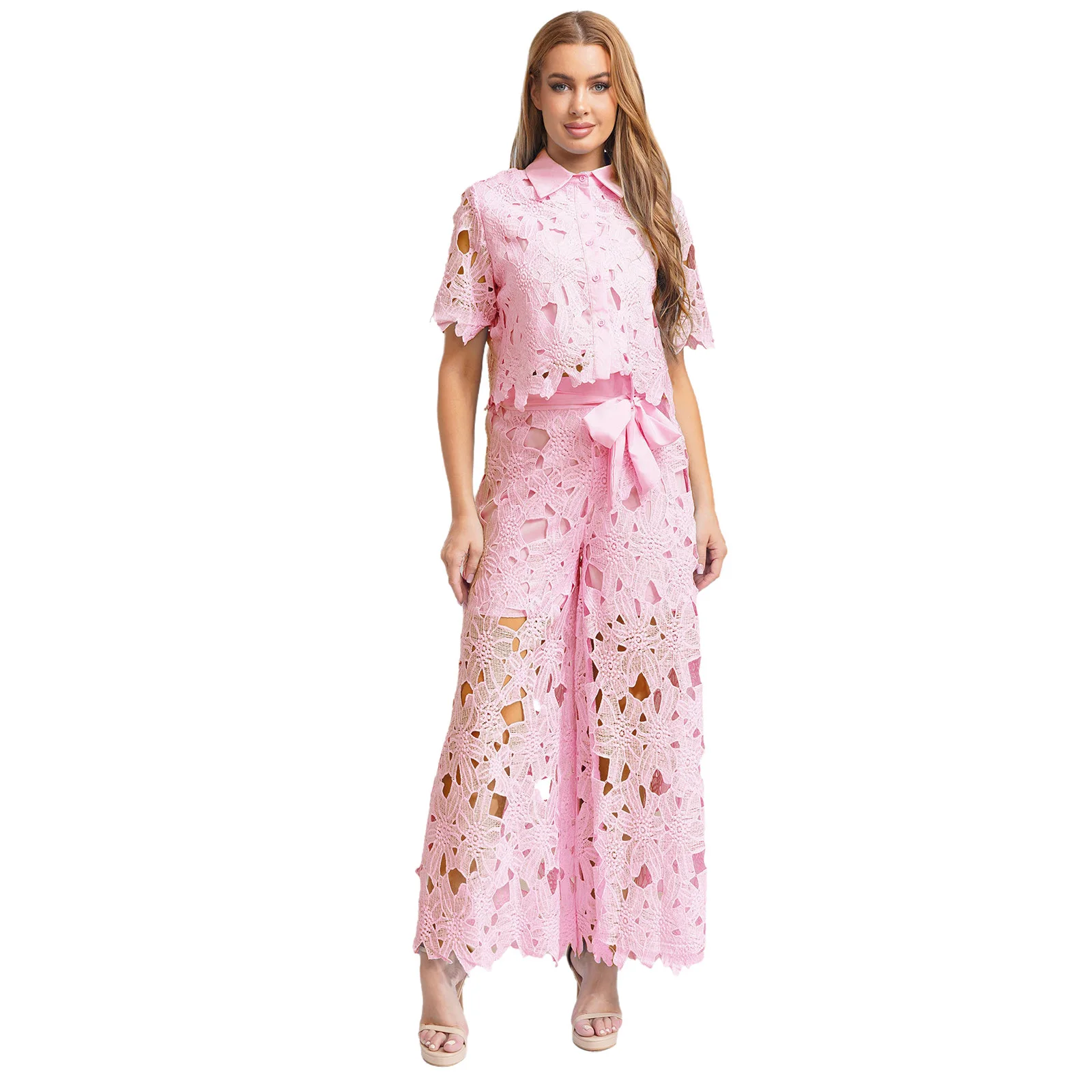 Mode Vrouwen Sets Korte Mouw Revers Outfits Bloemen Hol Elegante Pakken Banket Avondfeest Broek Pak Bruiloft Vestidos