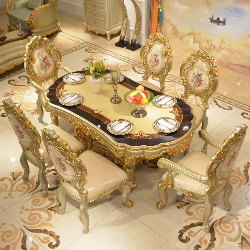 #Traditional Antique Solid Wood Oval Dining Table & Chairs Set 6 Seater Durable Dining Room Furniture