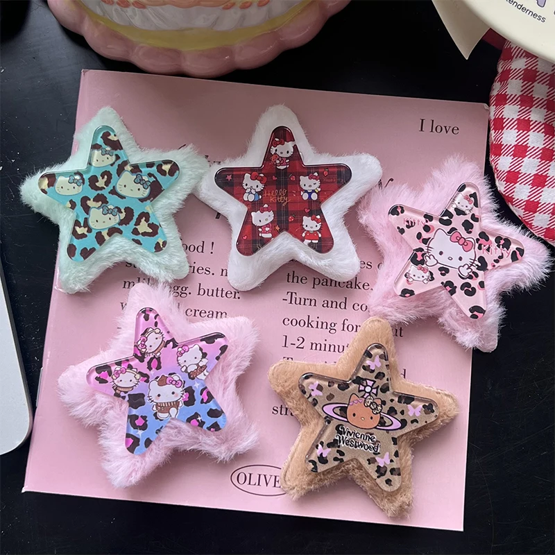 Cute Cartoon Plush Sanrio Hello Kitty Star Hairpins For Women Girls Sweet Side Bangs Hair Clips Fashion Hair Accessories Gifts