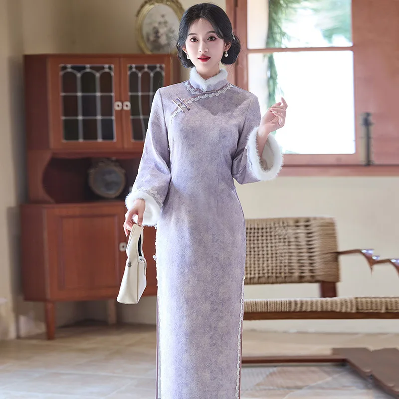 

Yourqipao Purple Velvet Thickened Winter Chinese Style New Long Sleeve Improved Cheongsam 2025 Women's Qipao Evening Dress
