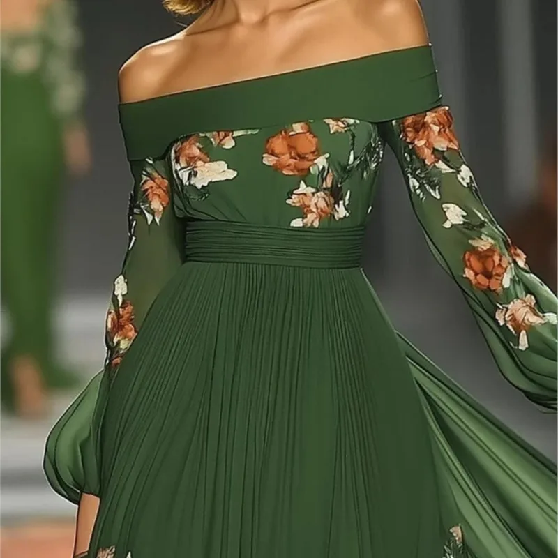 エレガントなボヘミアンロングスリーブドレス、セクシーなバックレスプリント、ハイウエスト、女性用ドレス、秋、ストラップレス、レースアップ、プロムドレス