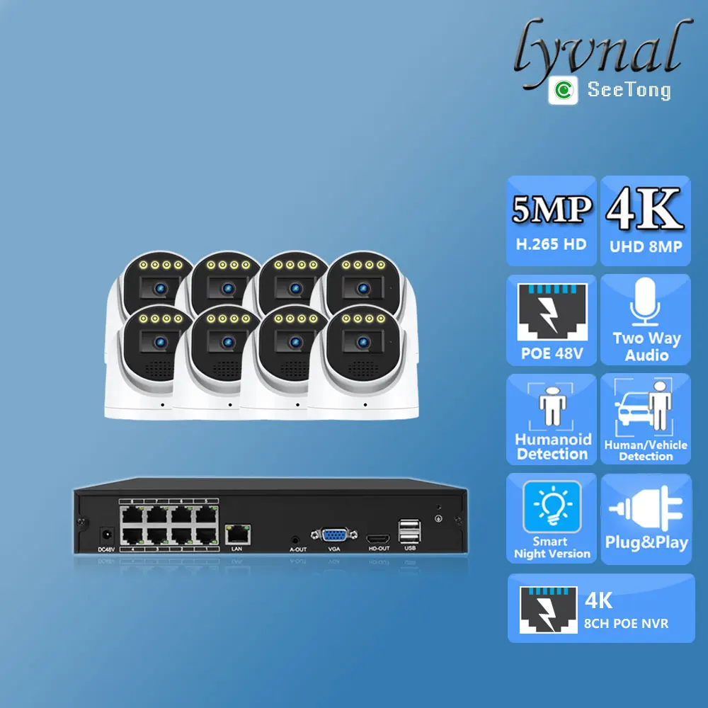 

8CH So-ny415 4K 8MP IP-камера видеонаблюдения Купольная система PoE Двустороннее аудио ИК Цветное ночное видение 4K 8CH POE NVR Комплект
