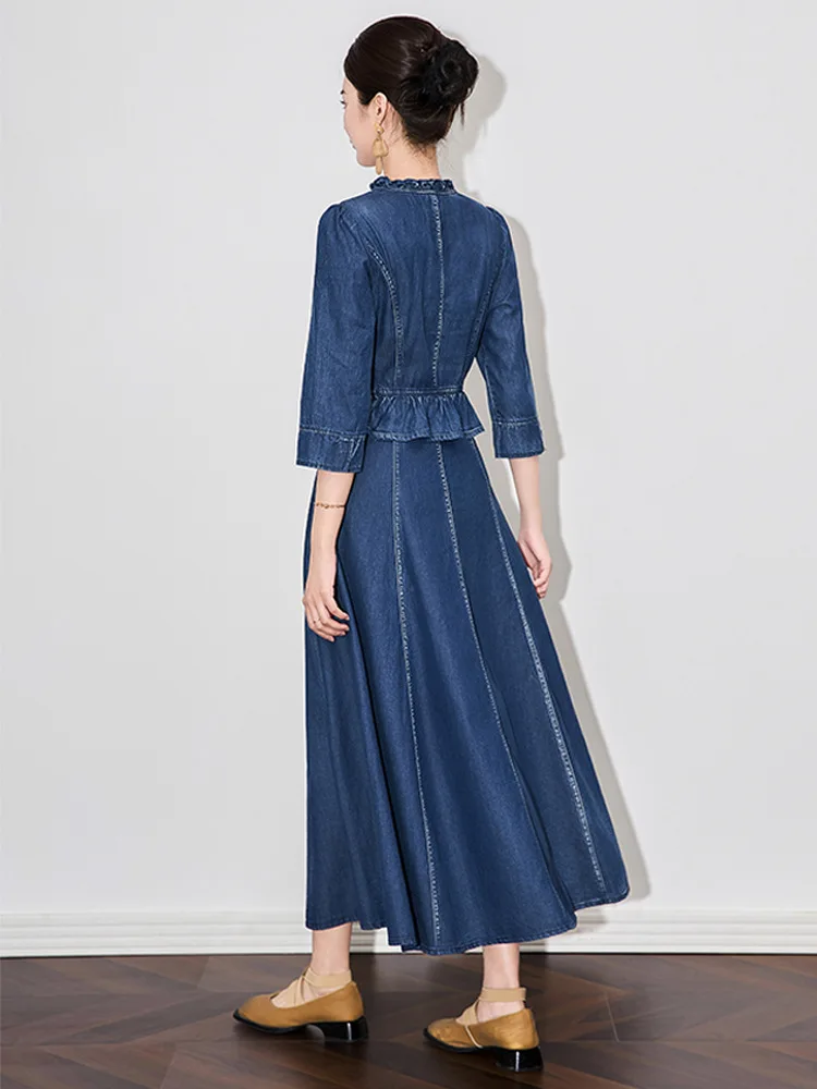 TIYIHAILEY Women Embroidery Long Mid-Calf Denim Summer Dress M-2XL V-Neck Ladies Clothing New 2025 Fake 2pcs