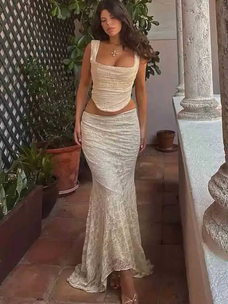 White Lace Vintage Sexy Two Piece 2026 Backless Tops Ruffle Long Skirt Women Set Elegant Evening Party 2 PCS Women Suits Y2k view 4