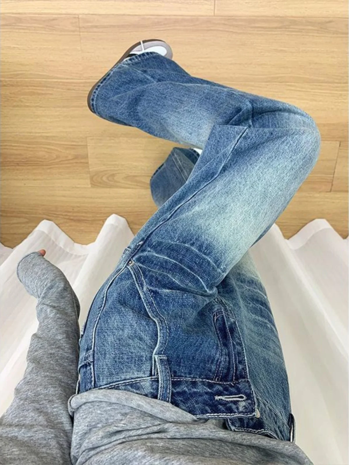 Celana Jeans Wanita Model Retro Low Waist Flared, Desain Lurus Longgar Tidak Ketat, Celana Kaki Lebar Katun Stretch Denim Musim Semi Gugur