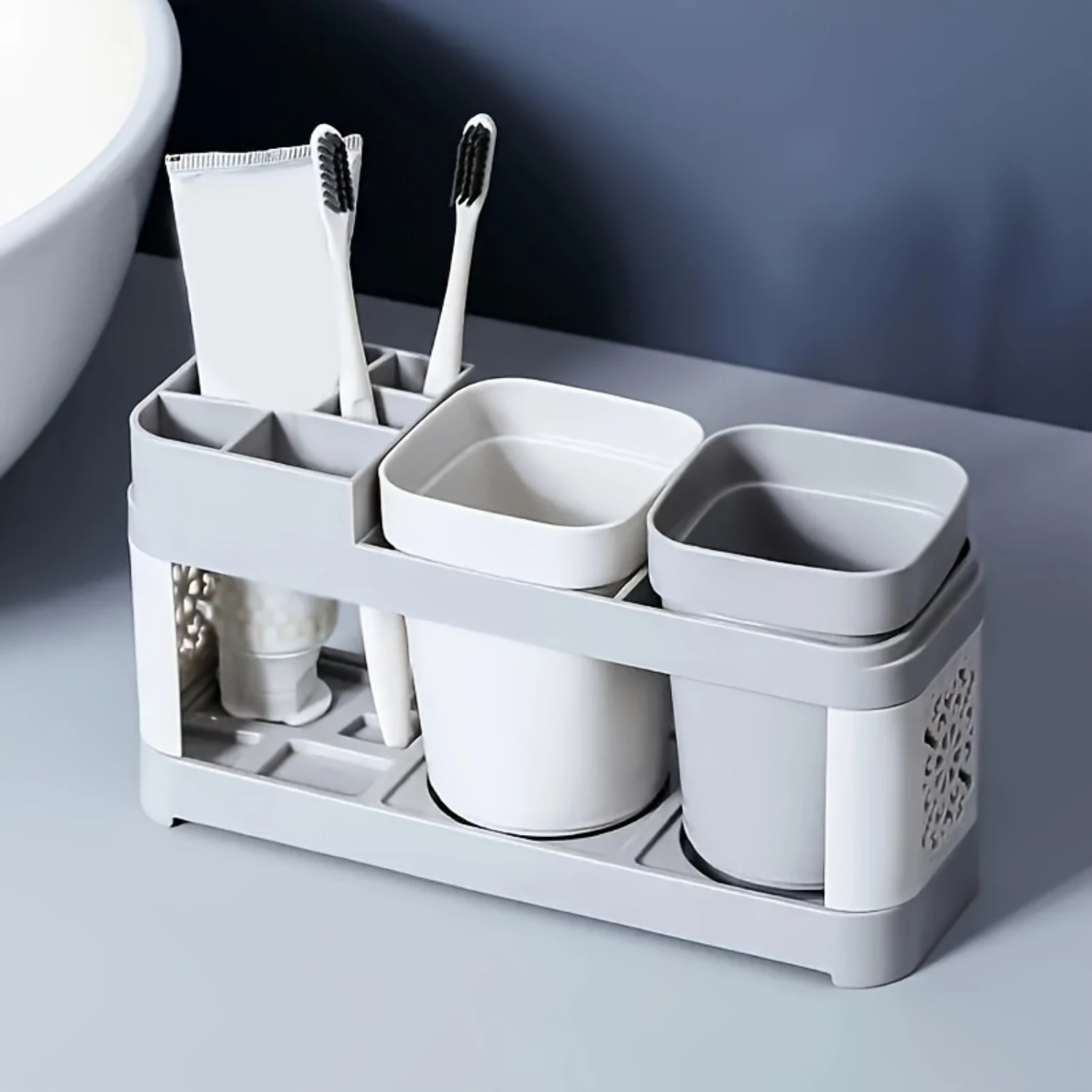 욕실 린스 컵, 부드럽고 위생적인 배수 시스템, 깨끗하고 우아한 공간 절약형 칫솔 및 치약 정리함 1개