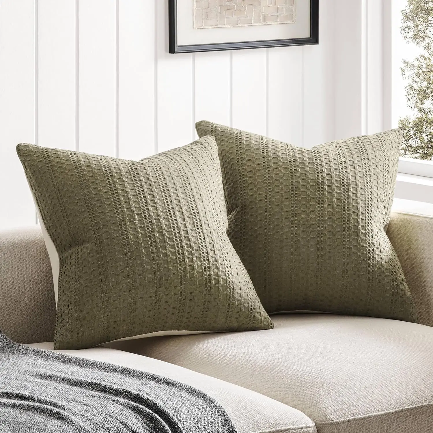 

100% Cotton Waffle Textured Throw Pillow Covers Set of 2, 20x20 Inch Khaki Green, Soft Farmhouse Decorative Couch Pillow Cases G