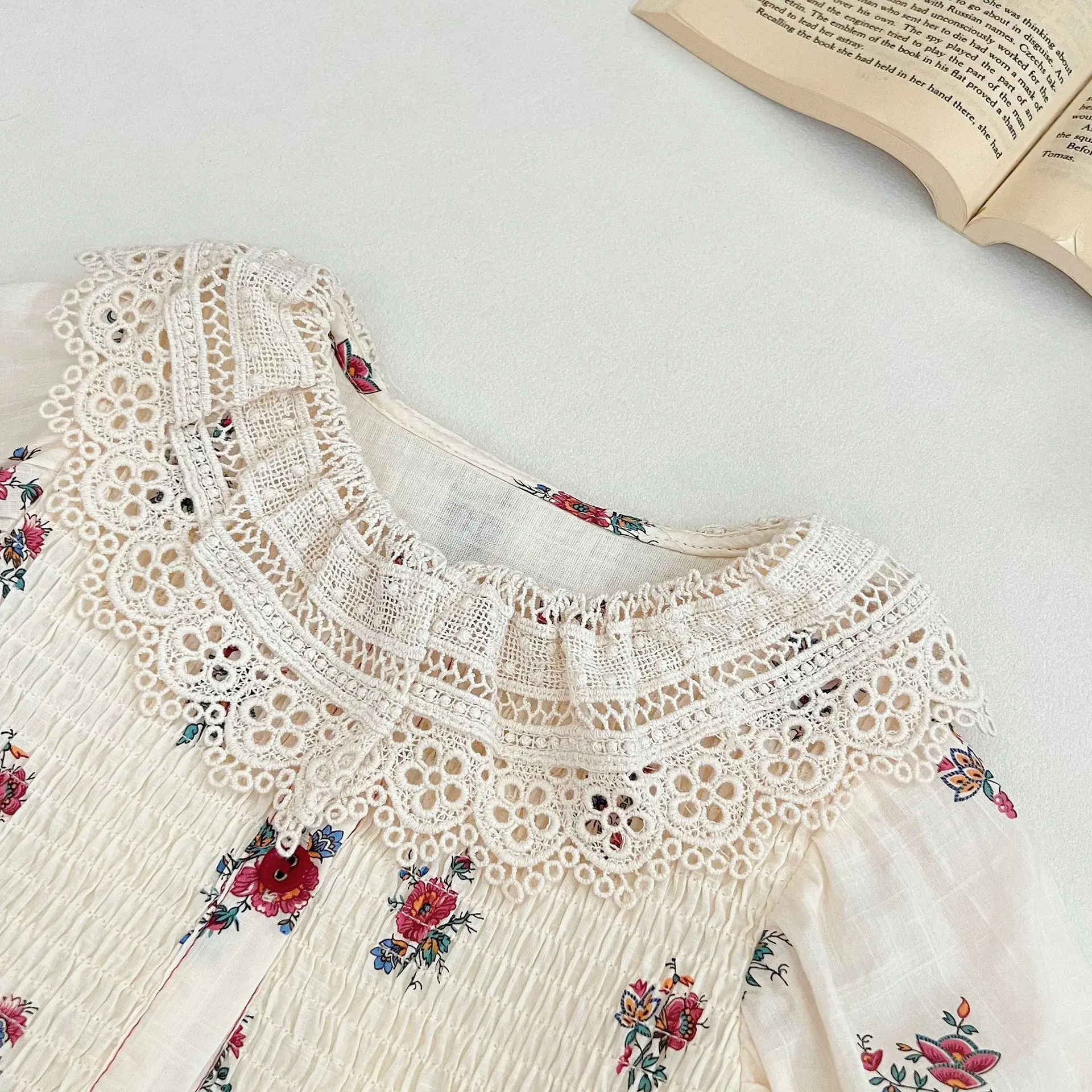 In stock! Children's dress 2026 summer BD girl heavy craftsmanship tie-dye off-white floral lace princess shirt dress