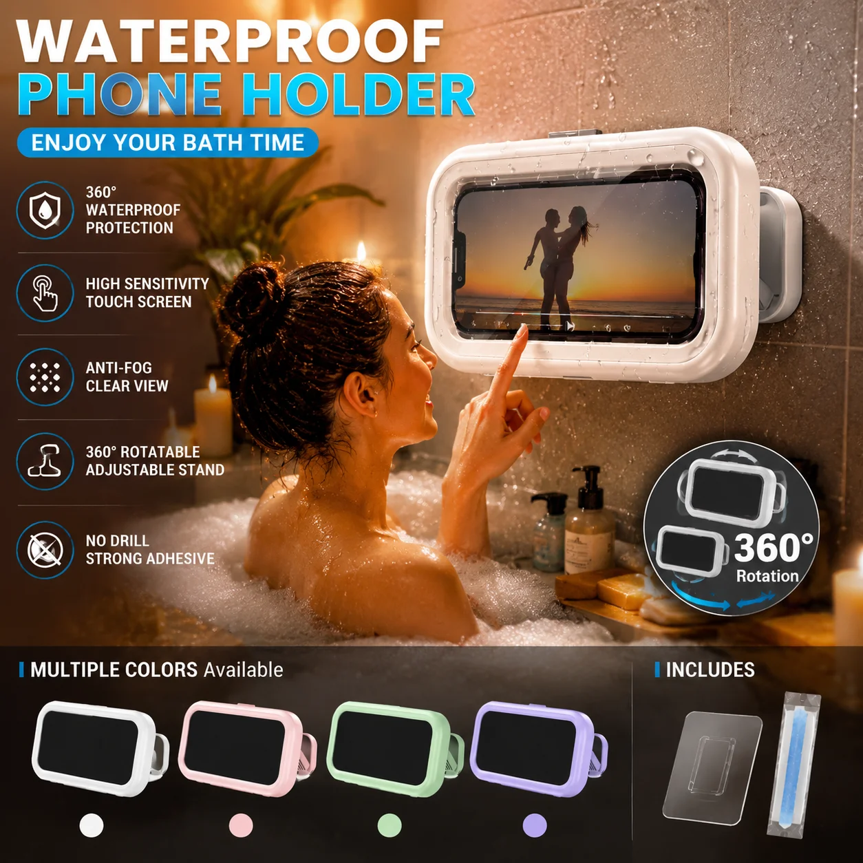 Waterproof Bathroom Phone Mount 360 Degree Rotatable Anti-Fog Clear Cover Touch Sensitive Wall Phone Holder For Shower Kitchen